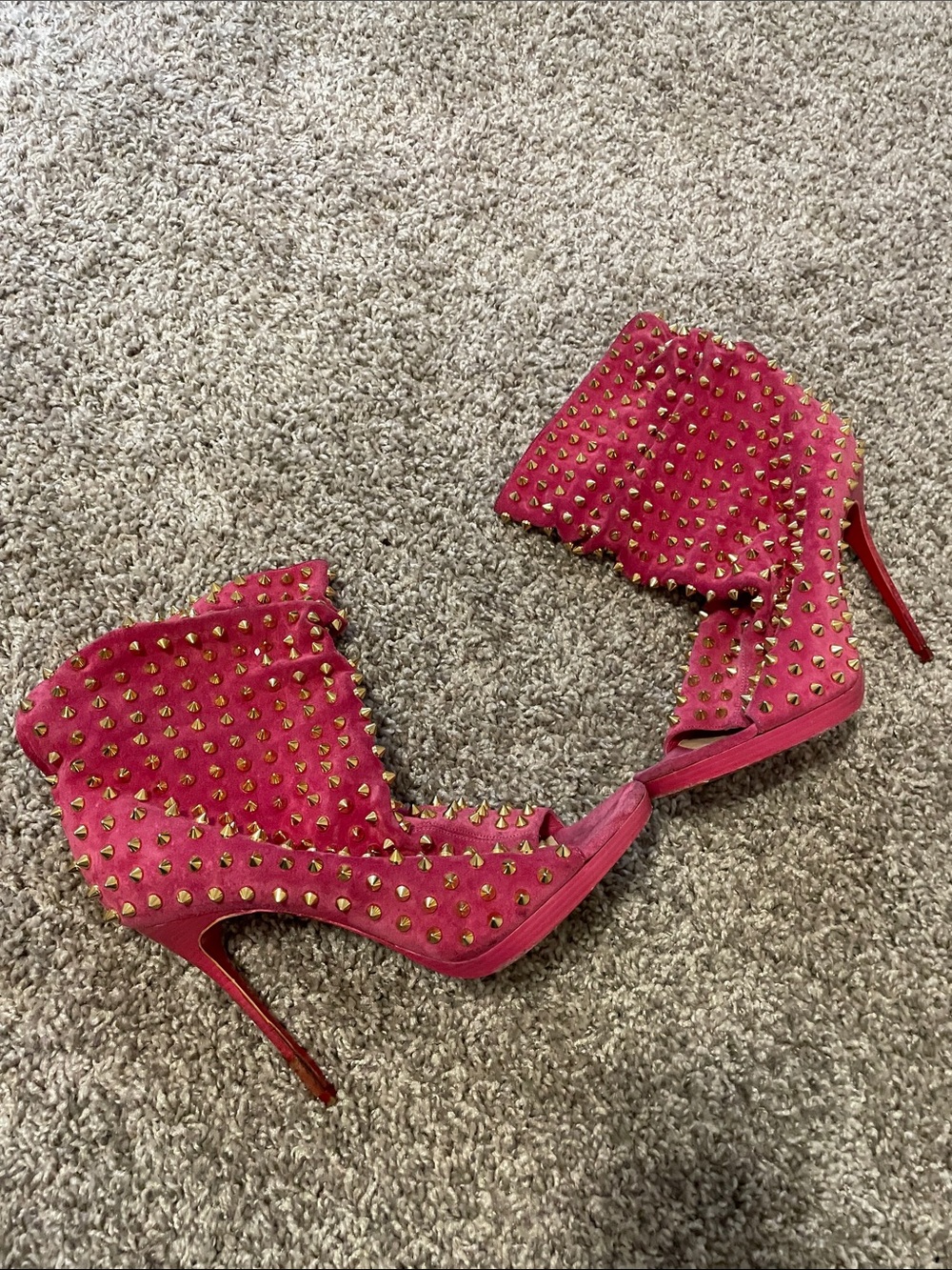 Authentic Christian Louboutin Pink Suede Studded Stiletto Ankle Boots